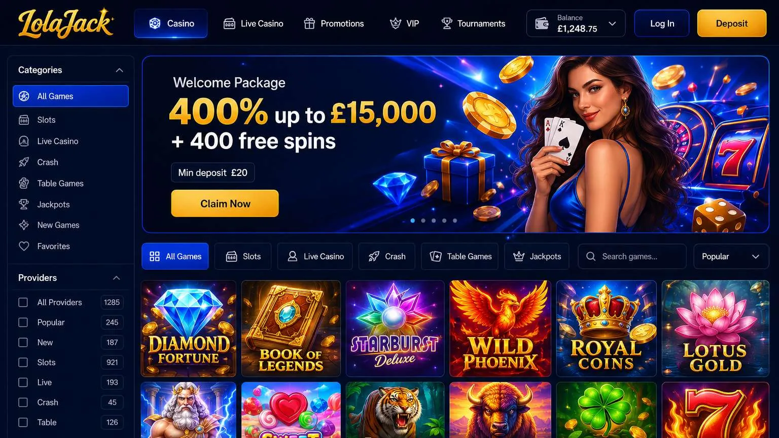 Casino games collection at LolaJack Casino