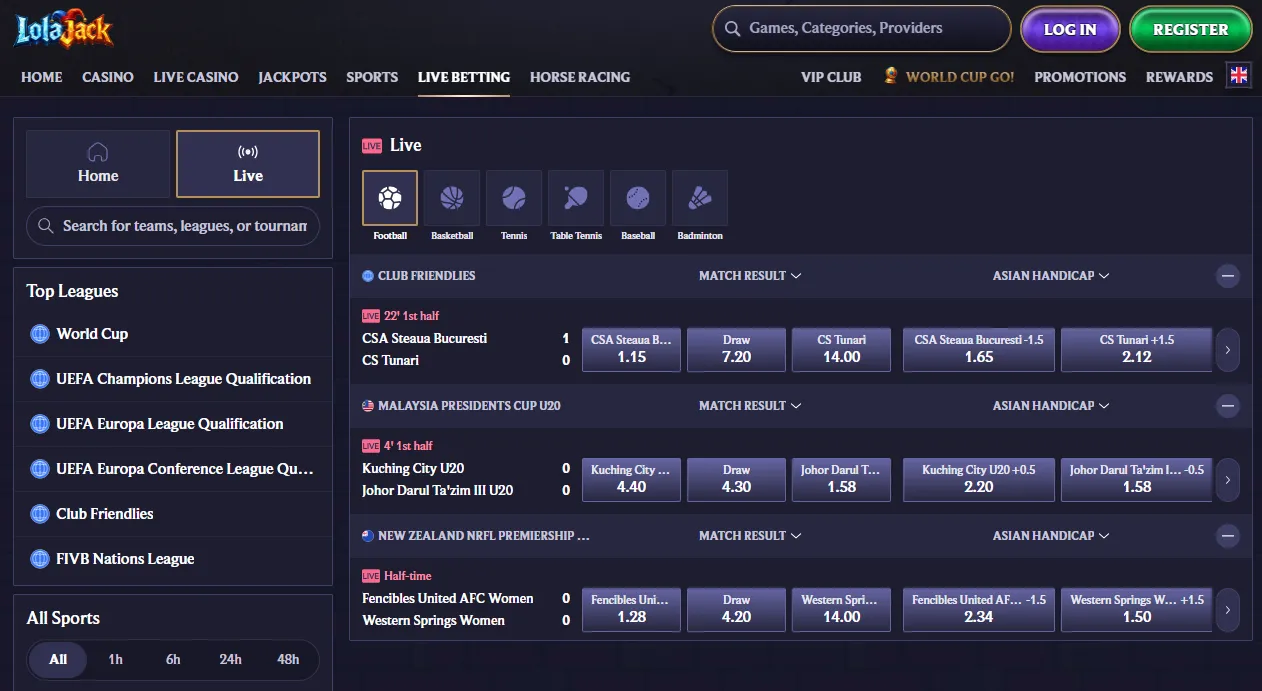 Sportsbook and betting markets at LolaJack Casino